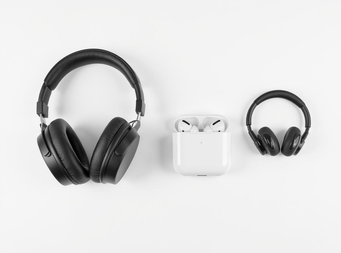 Comparison of three types of audio devices: headphones, earbuds, and earphones side by side