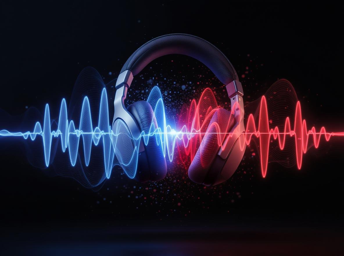 Modern noise-cancelling headphones with sound wave visualization showing active noise cancellation technology