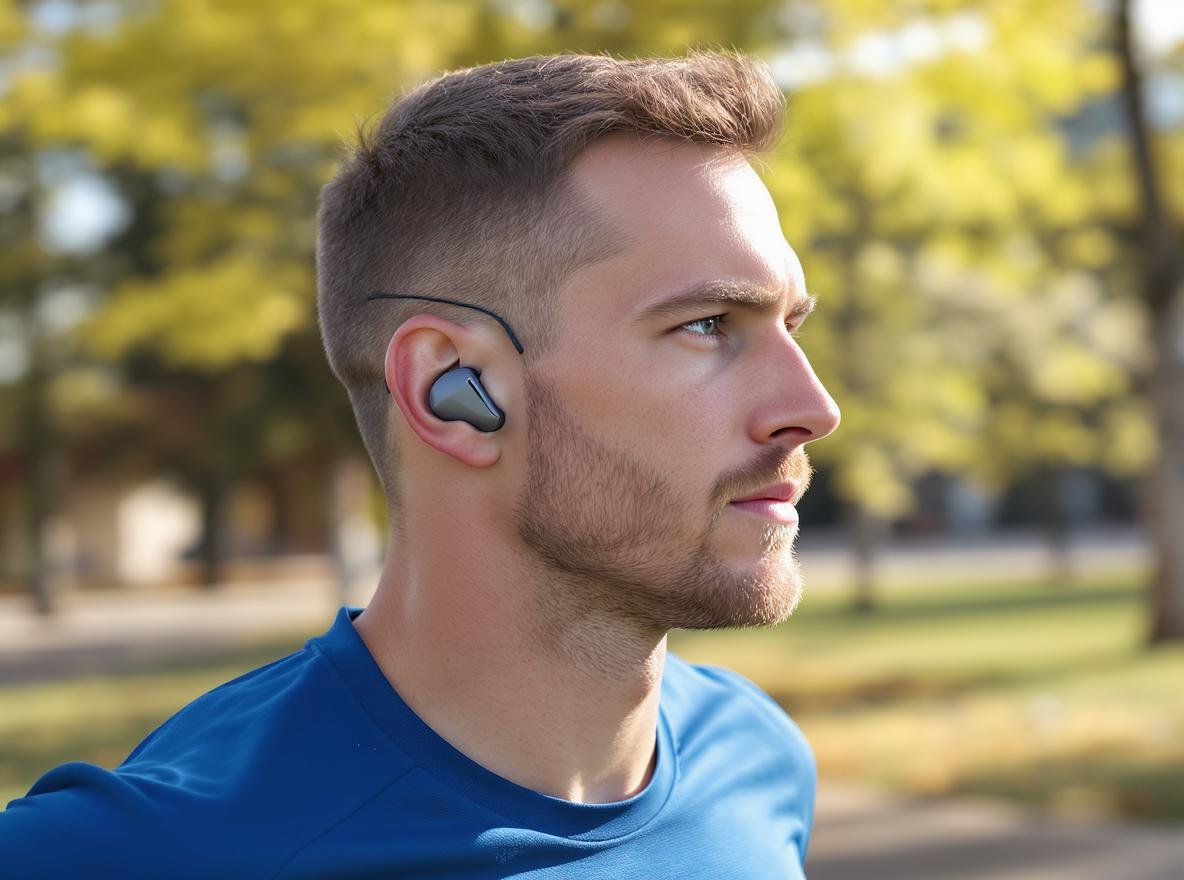 Athlete wearing bone conduction headphones while running with open ears visible