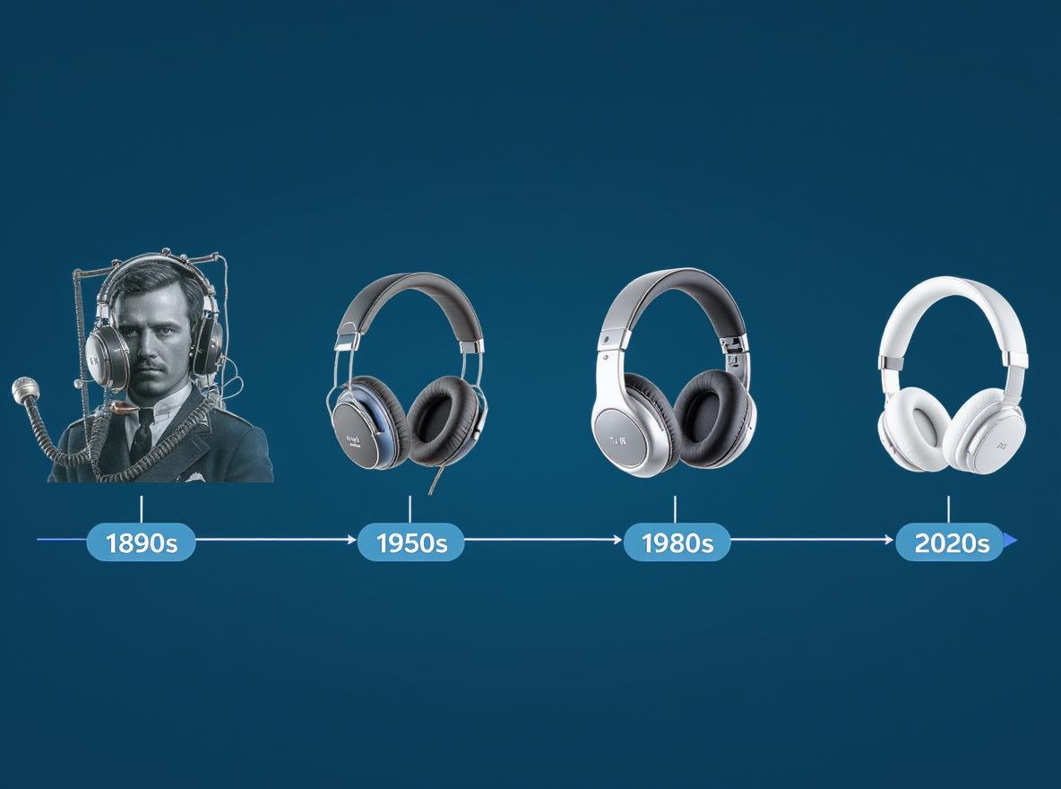 Evolution of headphones from 1880s telephone operator headsets to modern wireless earbuds showing complete historical timeline