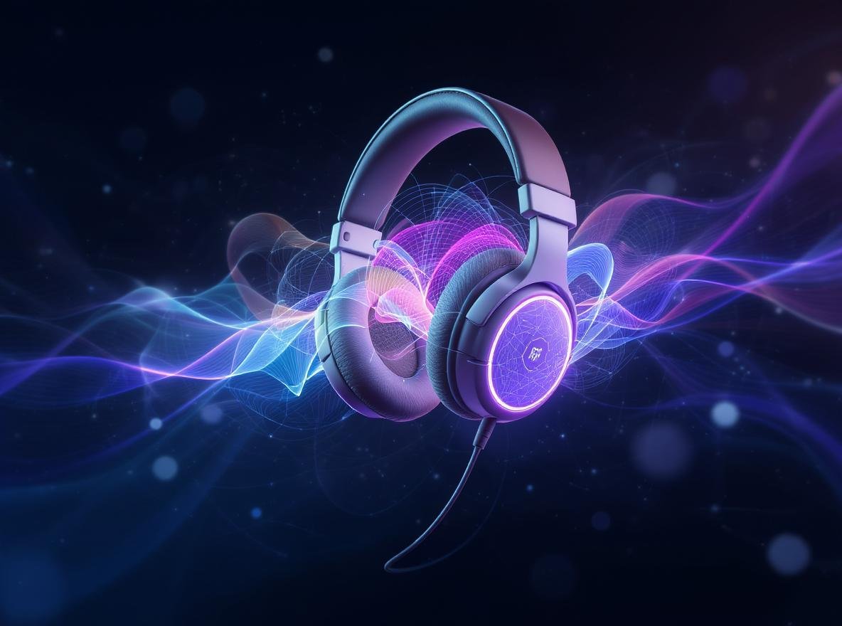 Dolby Atmos spatial audio headphones with 3D sound waves technology illustration