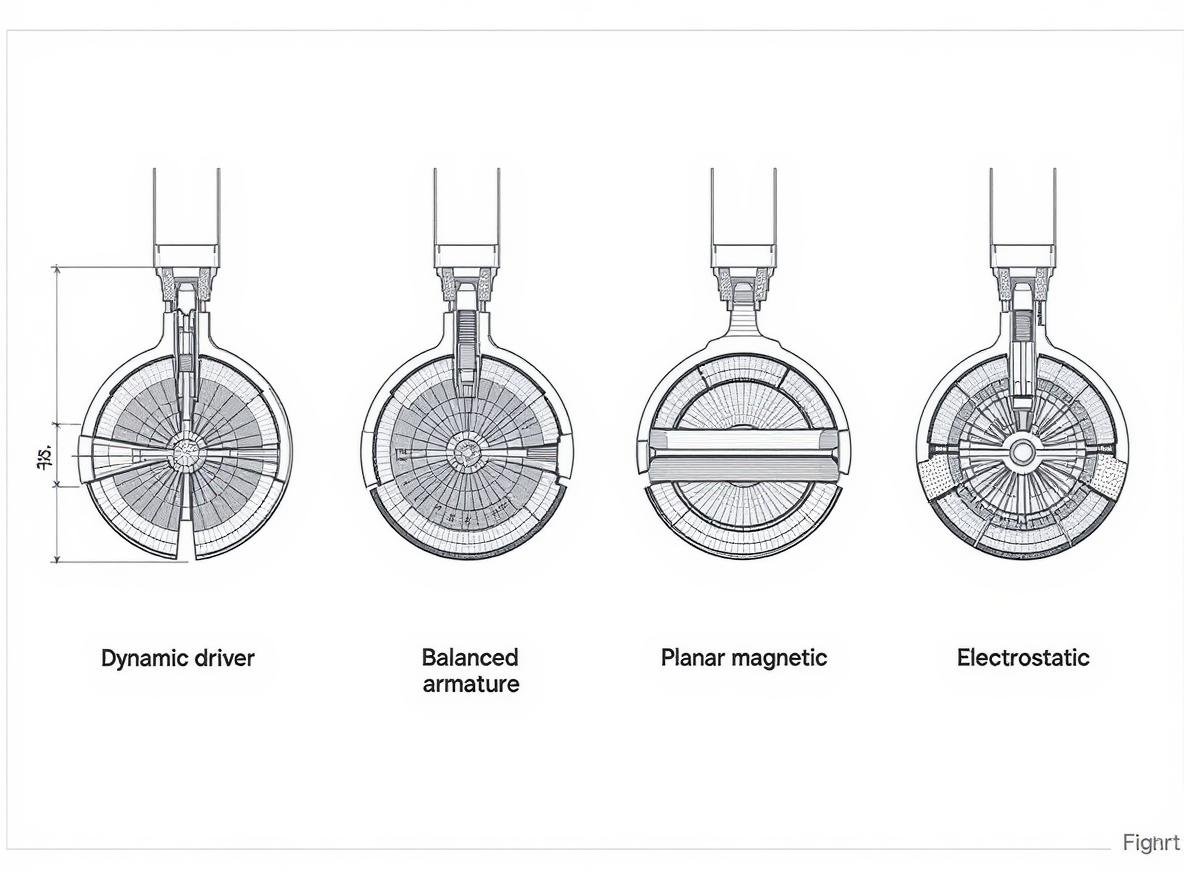 Headphone driver types comparison diagram showing dynamic balanced armature planar magnetic electrostatic technologies