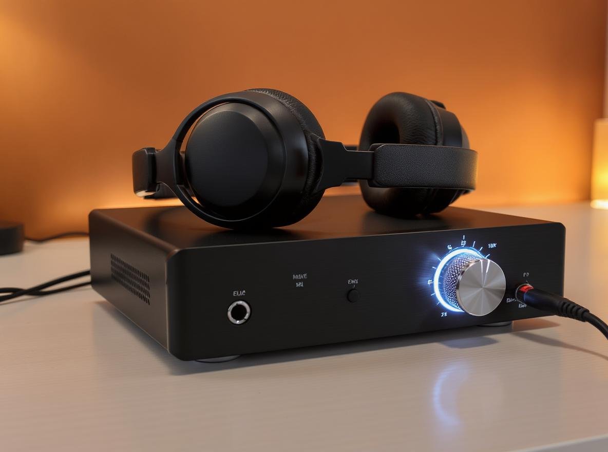 Professional headphone amplifier with connected headphones on desk