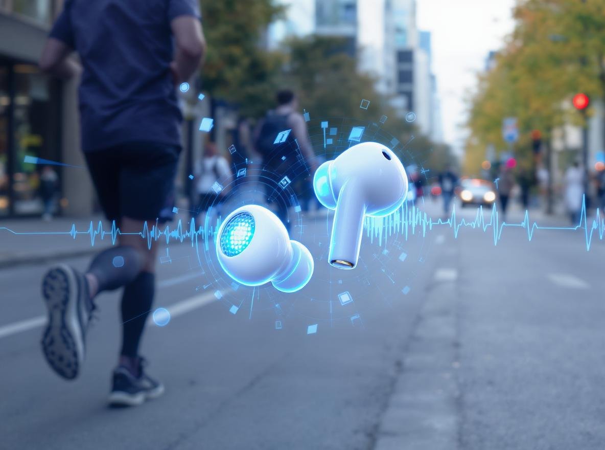 Wireless earbuds with transparency mode technology showing sound waves and urban environment