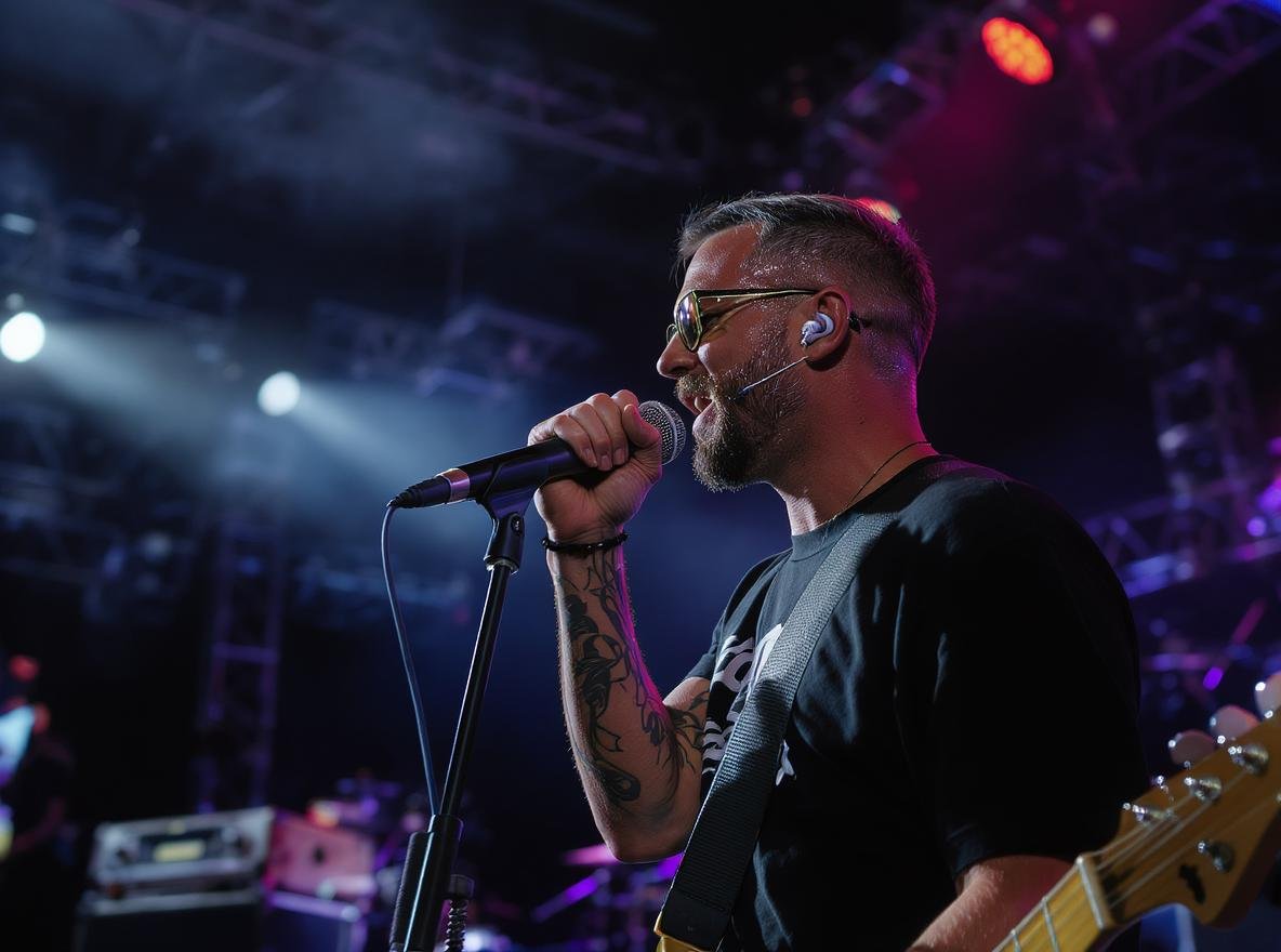 Professional musician wearing in-ear monitors during live stage performance