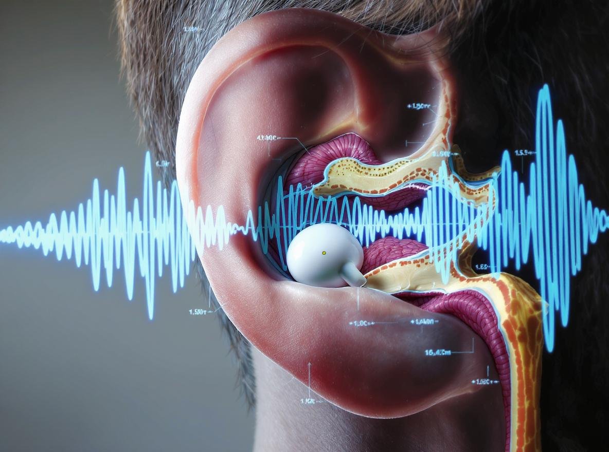 Cross-section diagram showing how earbuds cause occlusion effect in ear canal