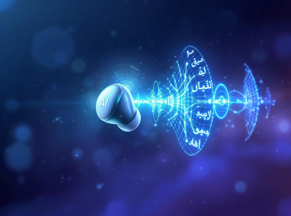 Real-time translation earbuds with AI technology and multilingual symbols