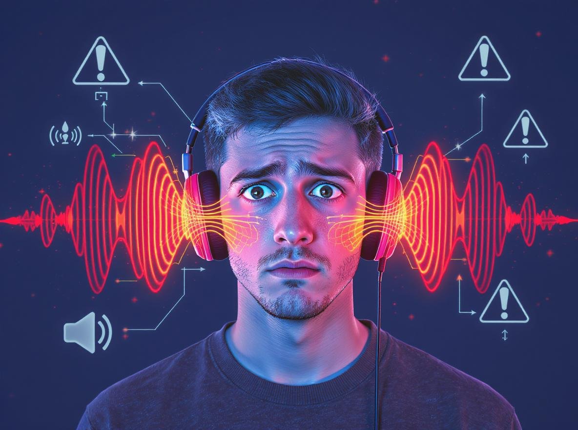 Person wearing headphones with hearing damage warning symbols and sound wave visualizationv