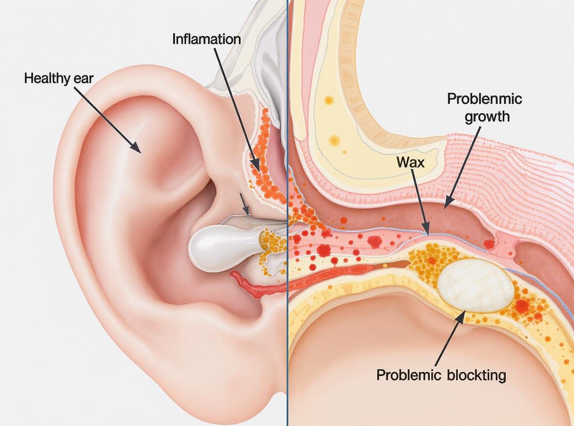 Cross-section diagram showing how earbuds cause ear infections and wax buildup in human ear canal
