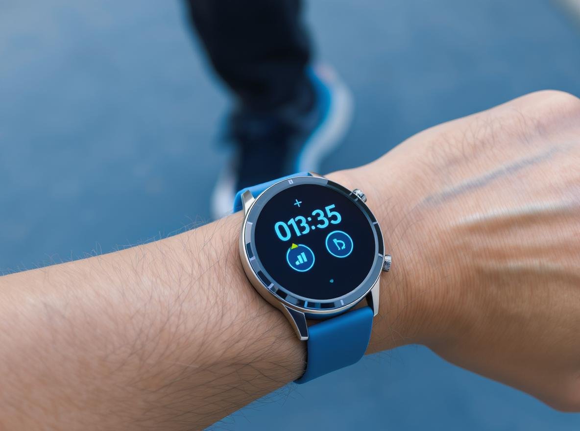Modern smartwatch displaying step counter on person's wrist while walking