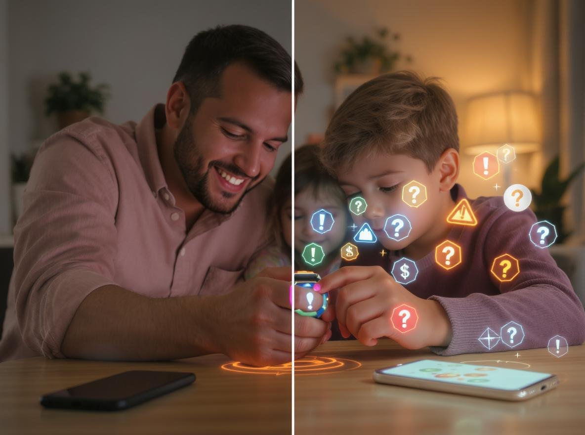 Parent and child comparing smartwatch vs smartphone options for kids safety