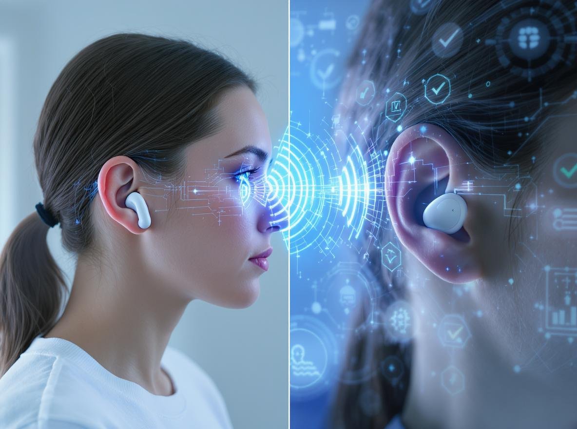 wireless earbuds emitting radio waves with safety symbols showing health protection