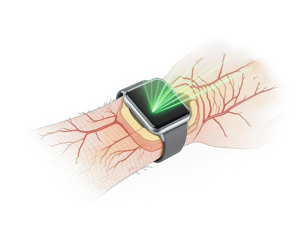 Smartwatch PPG sensor measuring heart rate with green LED light technology