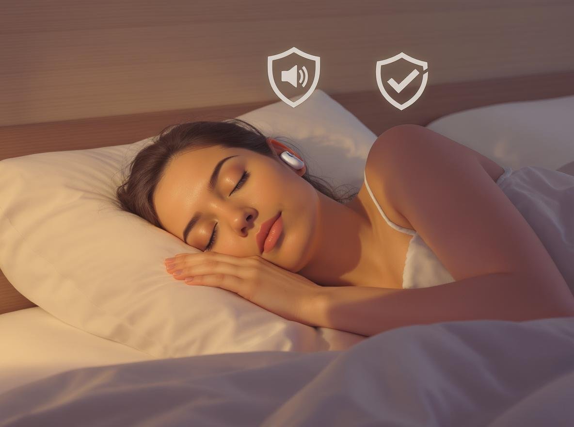 Safe sleeping with headphones - person using small wireless earbuds in comfortable bedroom