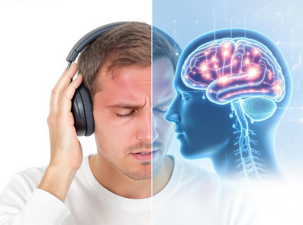 Person experiencing headache and dizziness from wearing headphones with medical diagram overlay