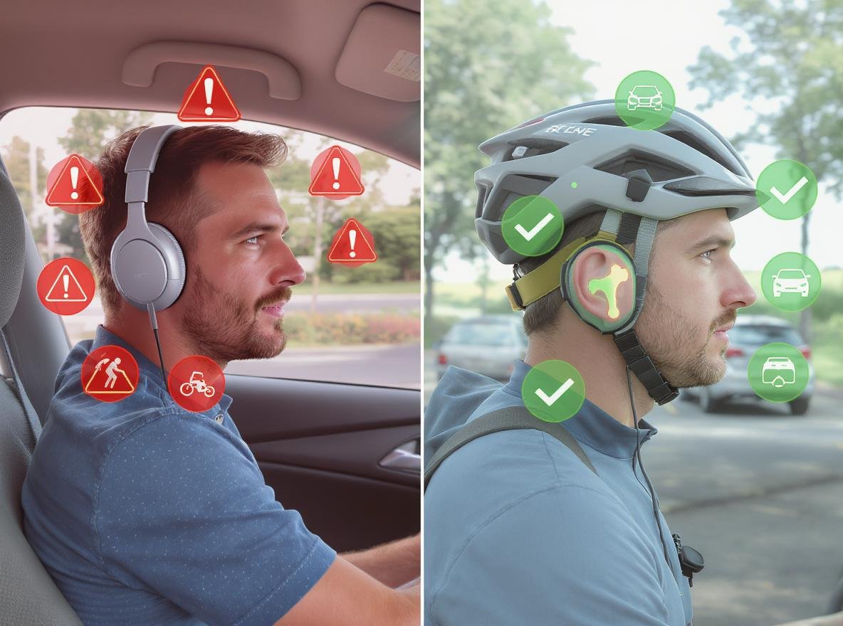 Headphone safety comparison showing dangerous traditional headphones vs safe bone conduction alternatives for driving and cycling