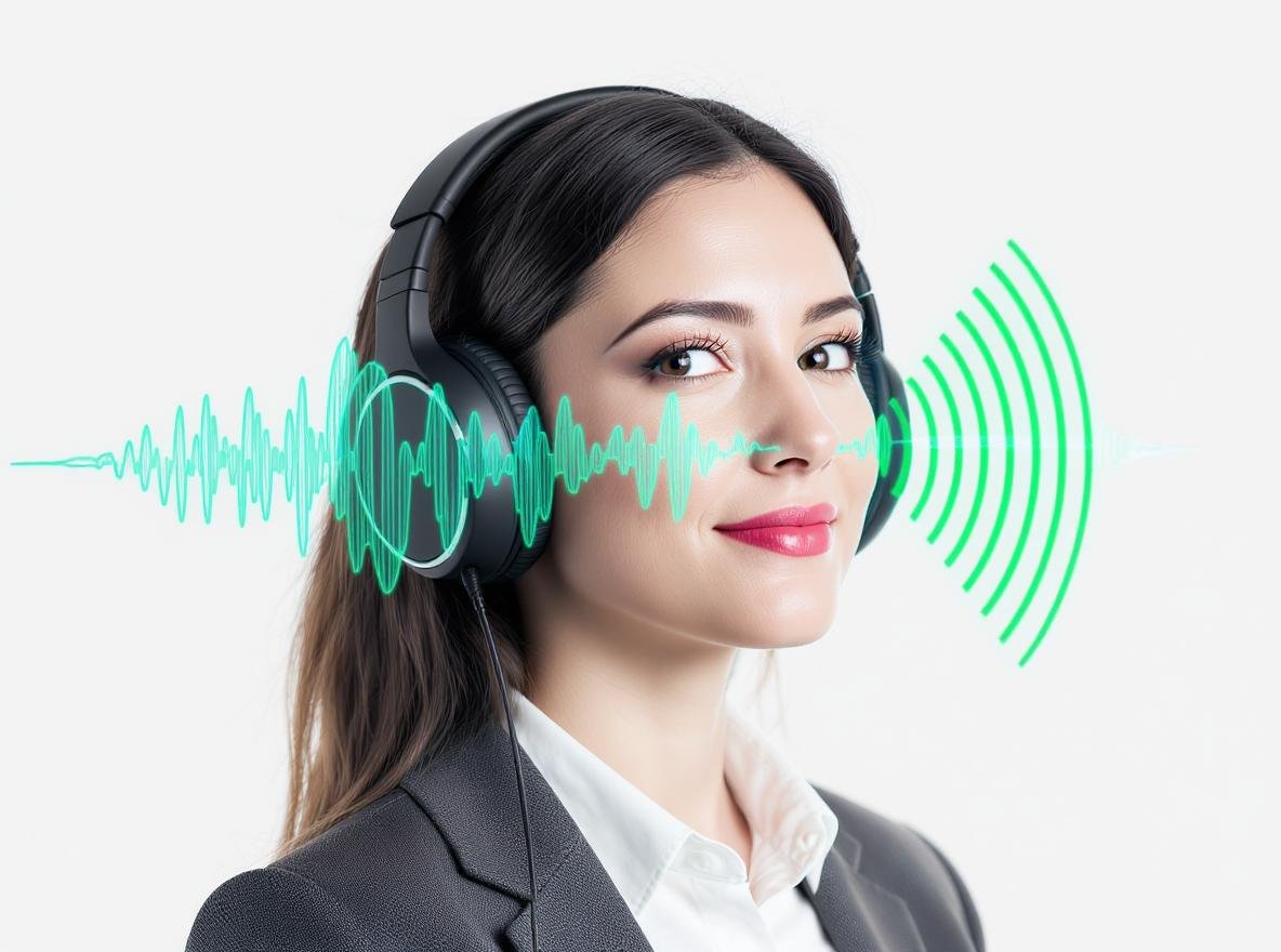 Person wearing noise-cancelling headphones with sound wave graphics showing safety and hearing protection
