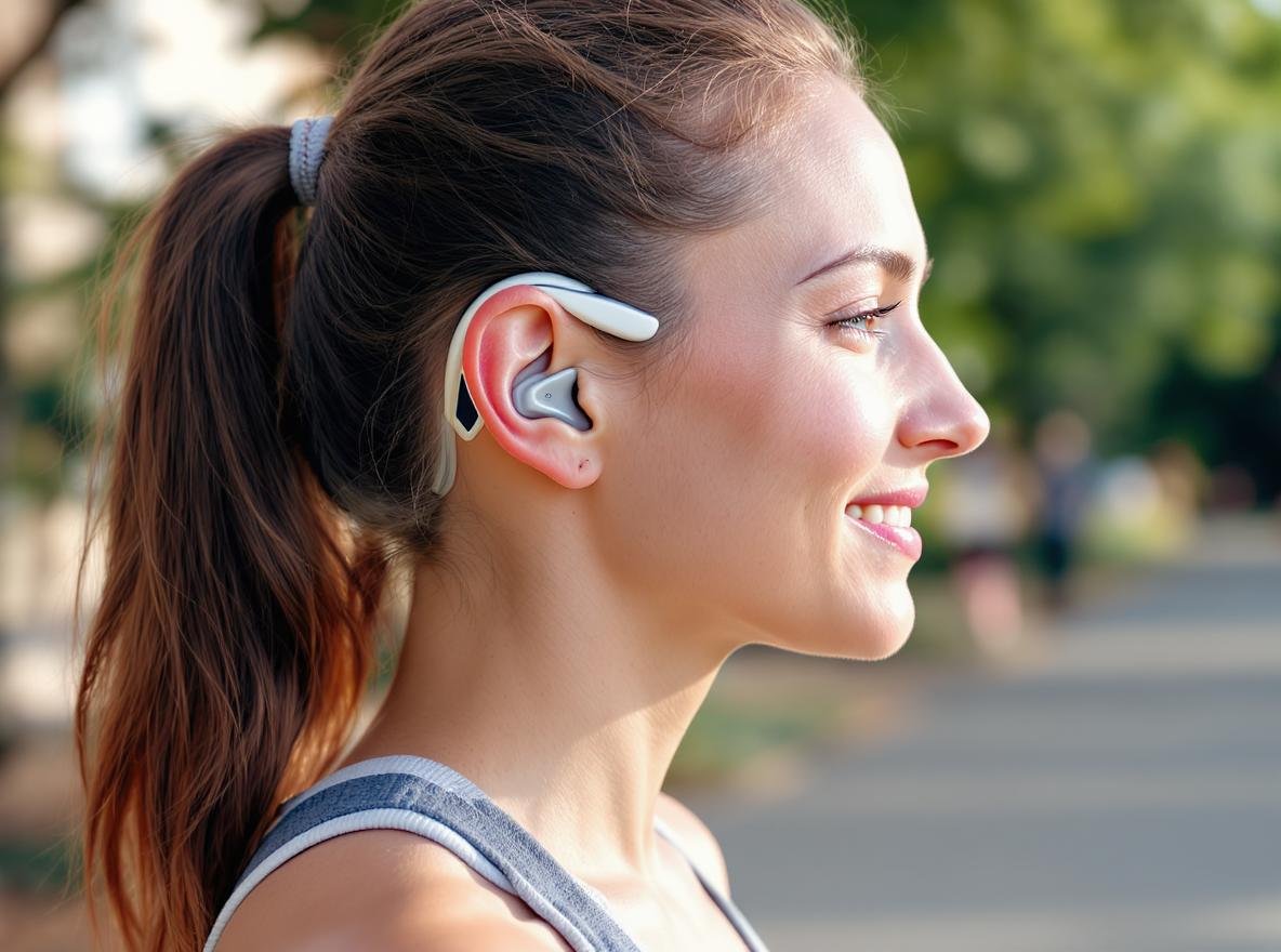 Person wearing bone conduction headphones while exercising outdoors showing health benefits