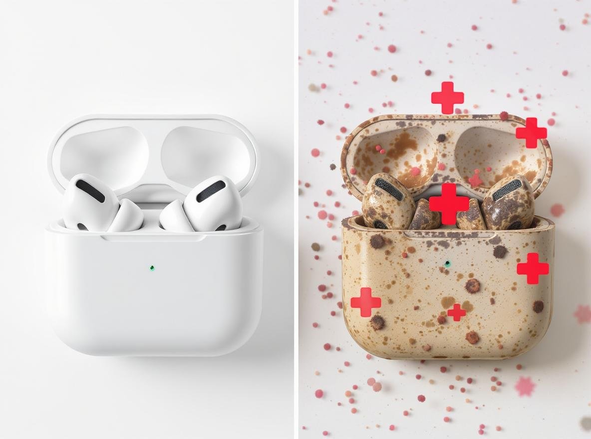 Comparison of clean versus bacteria-contaminated earbuds showing health risks of sharing