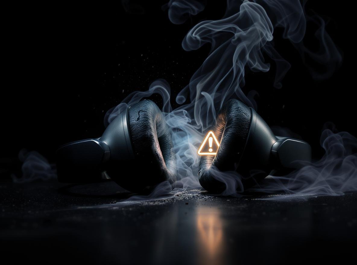 Dangerous wireless headphones with battery damage and smoke showing explosion fire hazard