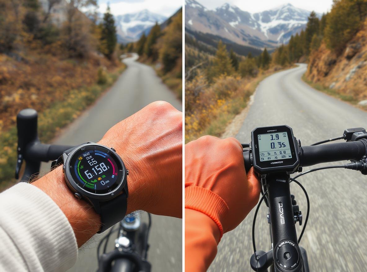 Smartwatch vs bike computer comparison for cycling - wrist-mounted smartwatch and handlebar-mounted cycling computer
