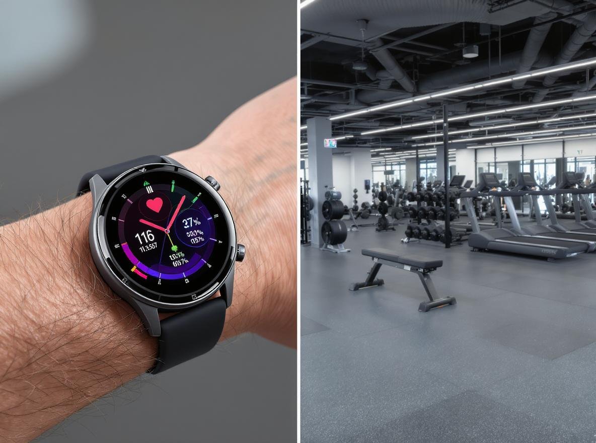 Smartwatch displaying health metrics compared to modern gym equipment showing health investment options