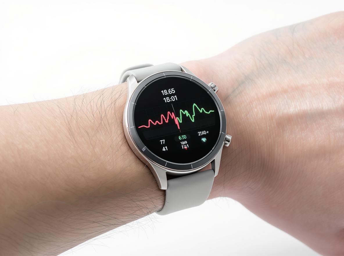 Smartwatch measuring blood pressure on wrist with health data display