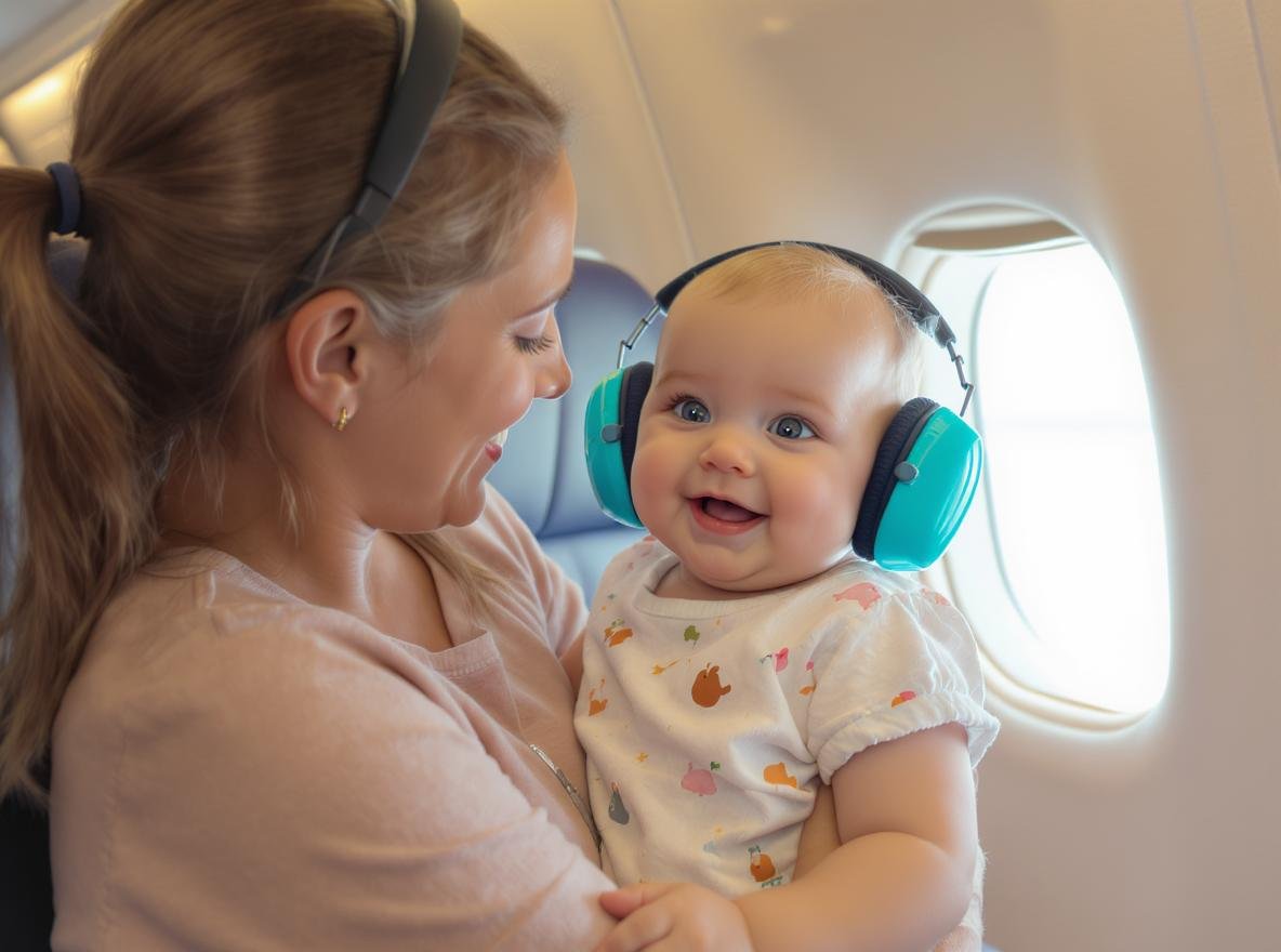 Baby wearing protective earmuffs on airplane with mother during flight