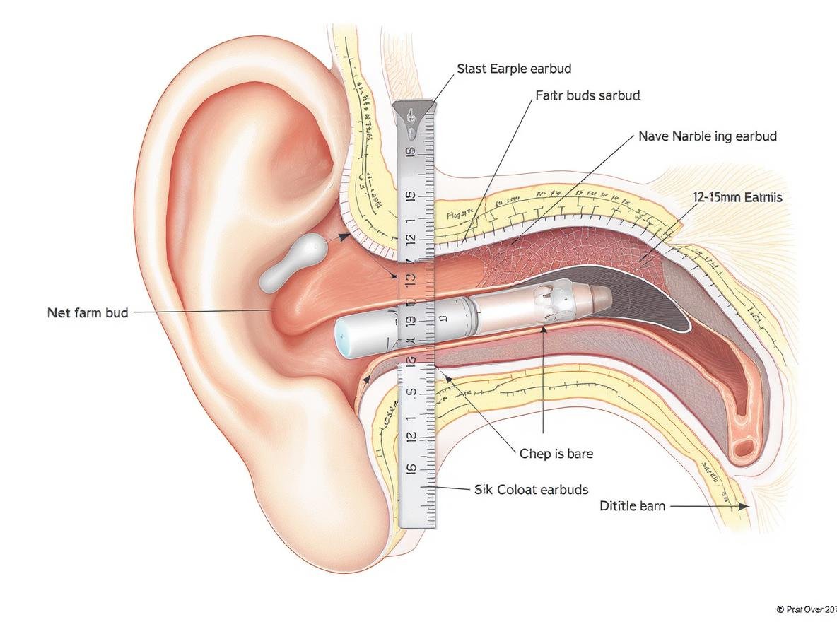 Safe earbud insertion depth diagram showing 12-15mm limit in human ear canal anatomy