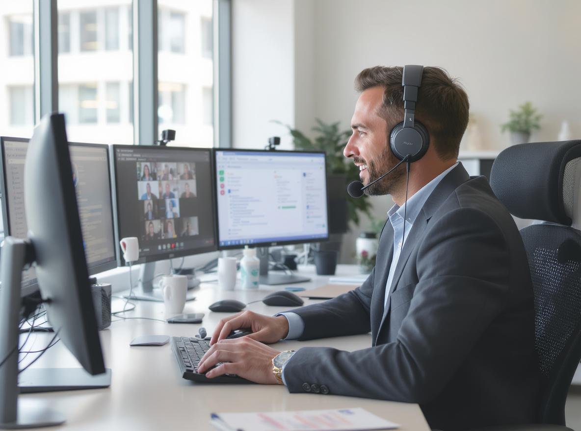 Professional businessman using headphones with microphone for business video calls in modern office