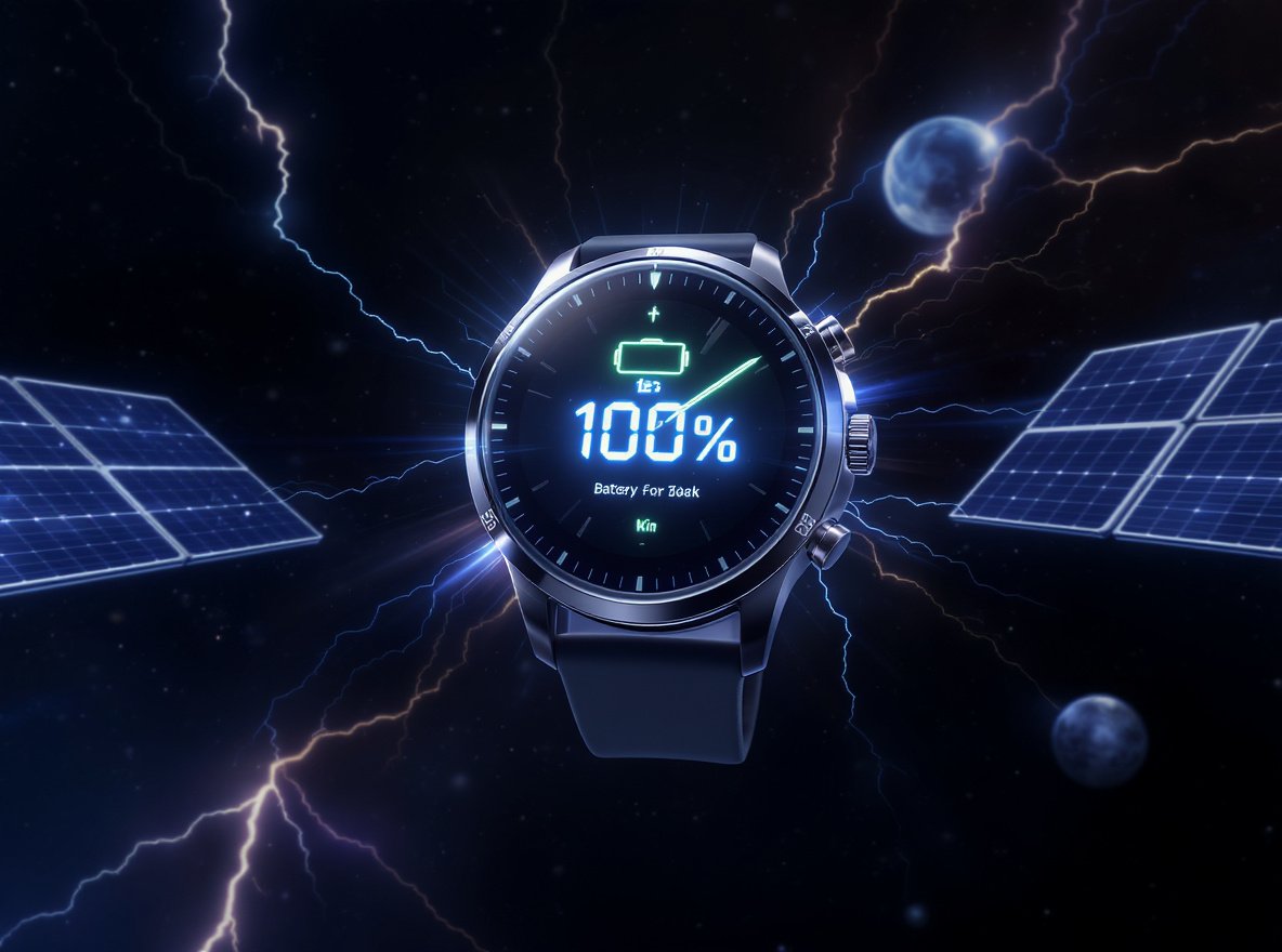 Smartwatch with extended battery life showing power indicators and solar charging elements