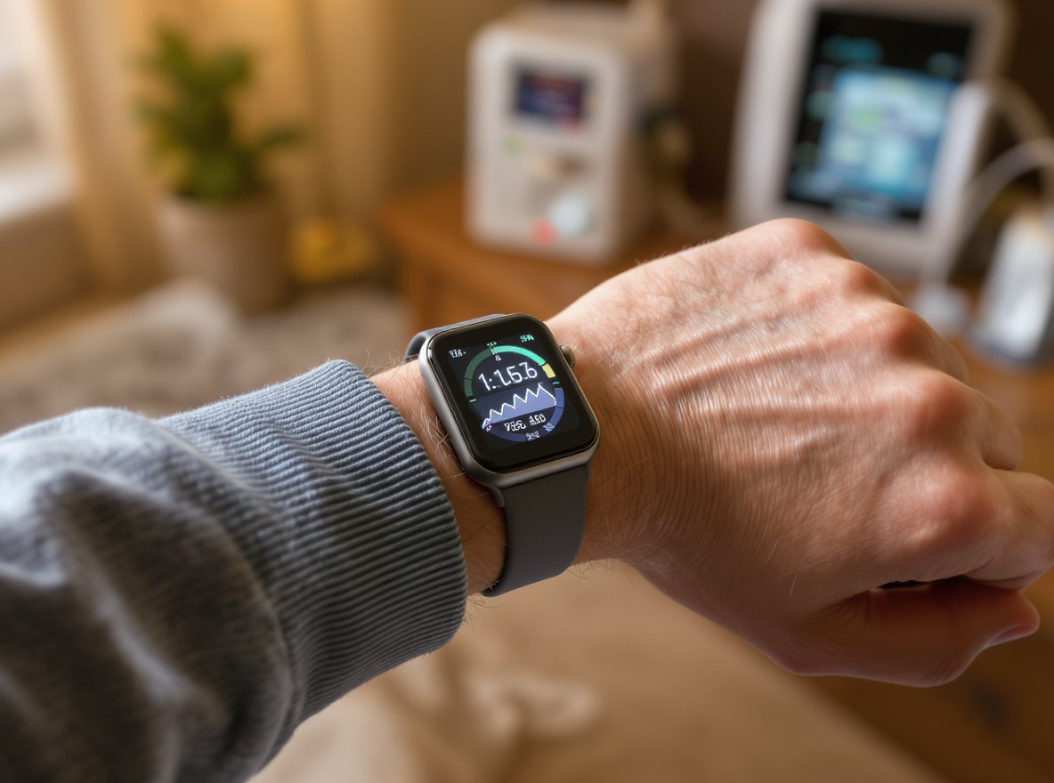 elderly hands wearing modern smartwatch displaying health data on bright screen, cozy home setting with medical equipment in background, warm lighting, professional photography style, no text overlay
