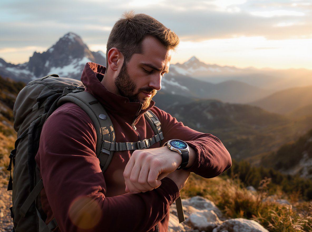 Professional hiker using GPS smartwatch for navigation on mountain trail