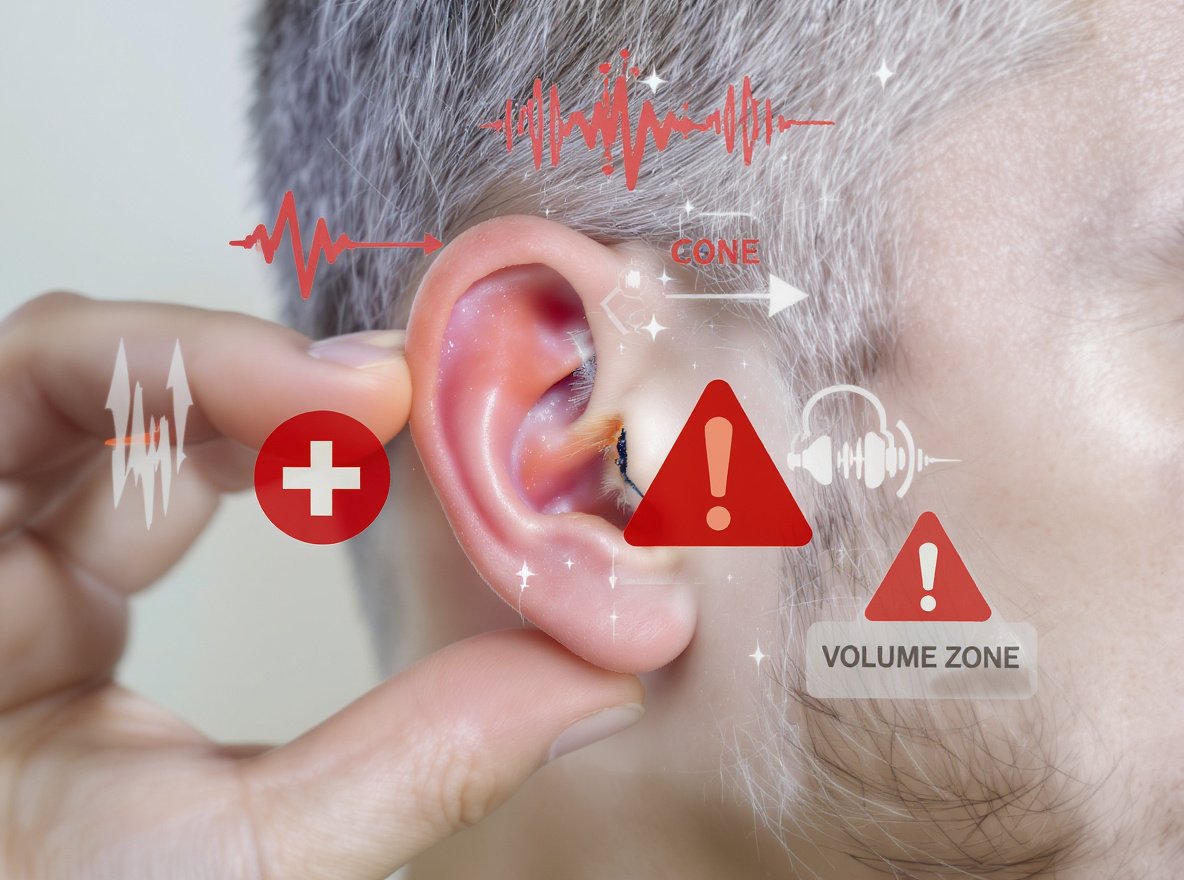 Person experiencing ear pain from excessive earbud use with warning symbols