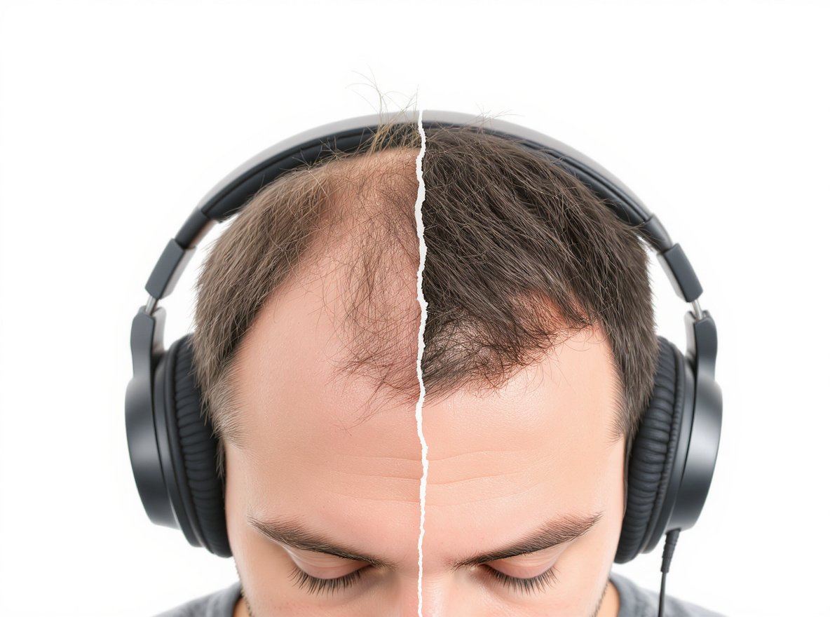 Person showing headphone-related hair thinning and healthy hair comparison