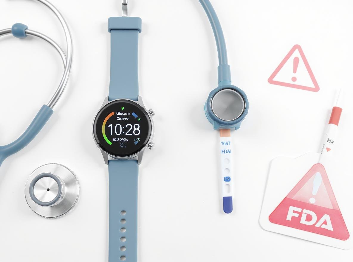 Smartwatch displaying blood glucose readings with medical devices and FDA warning symbol