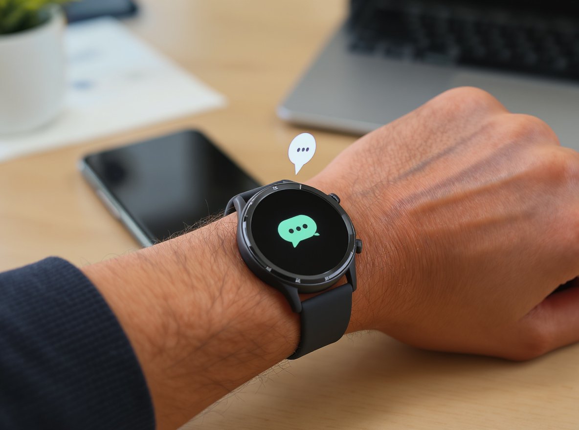 Person checking WhatsApp notifications on smartwatch with smartphone nearby