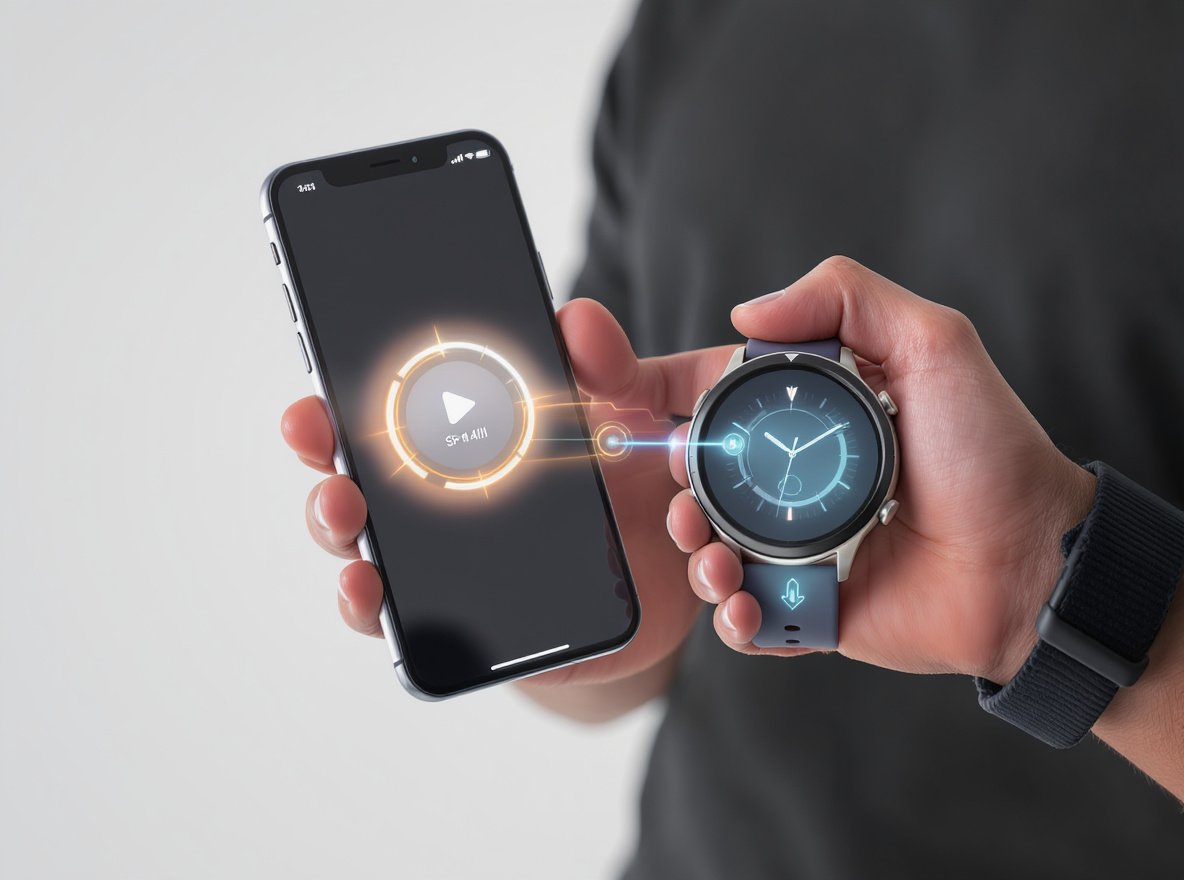 Person pairing smartwatch with Android phone showing connection process