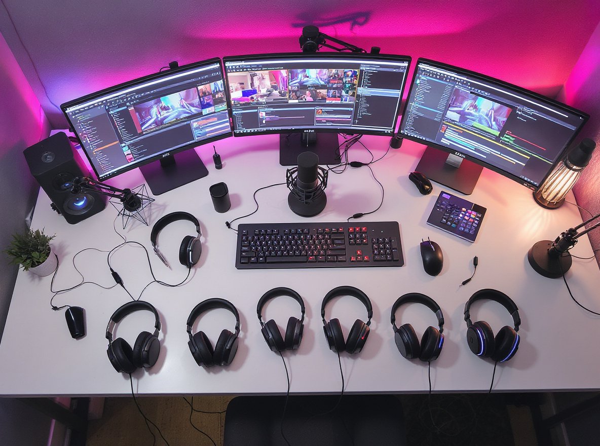 Professional streamer podcaster headphones setup with studio equipment