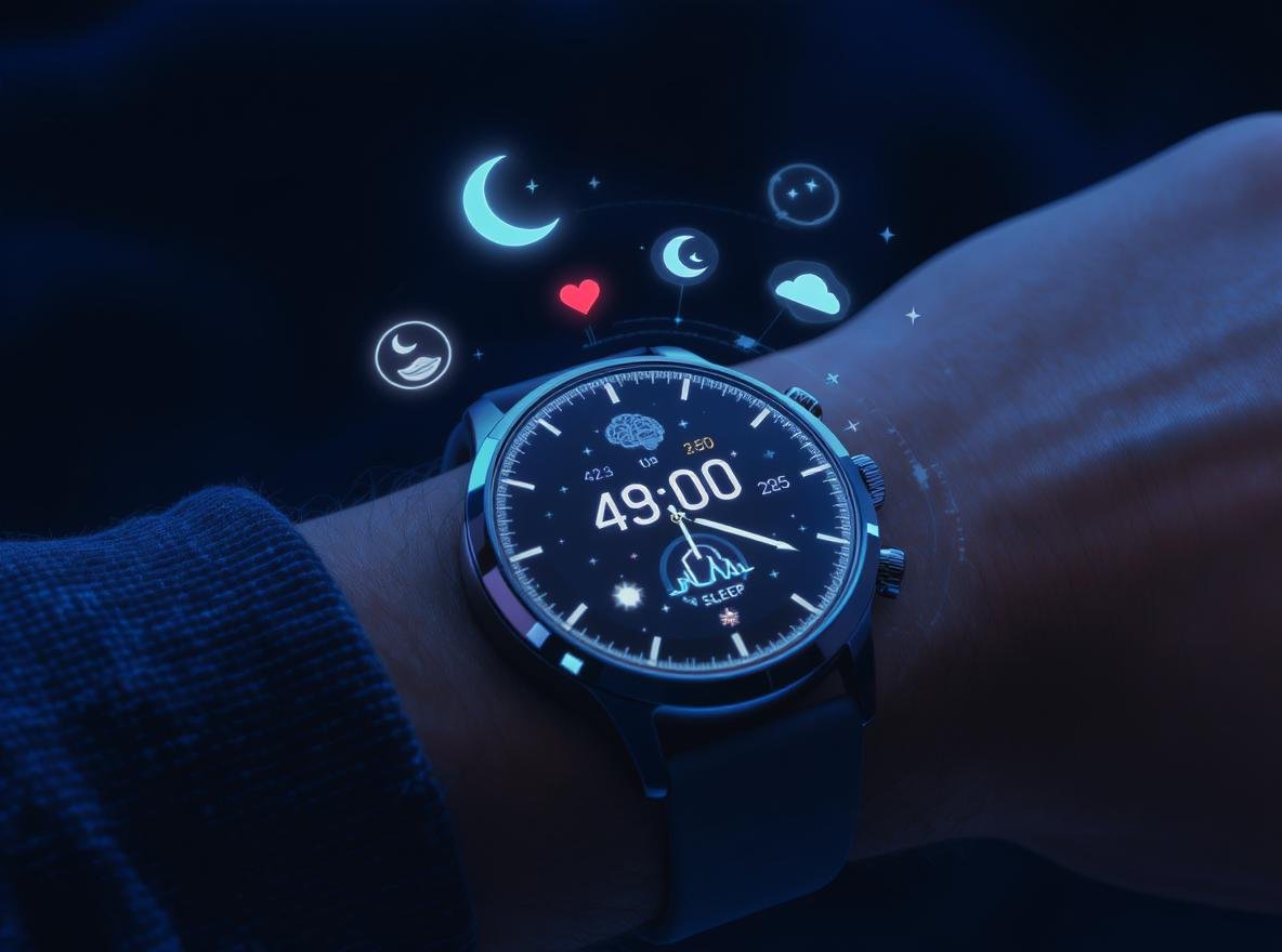 Smartwatch displaying sleep tracking data with sensor technology visualization