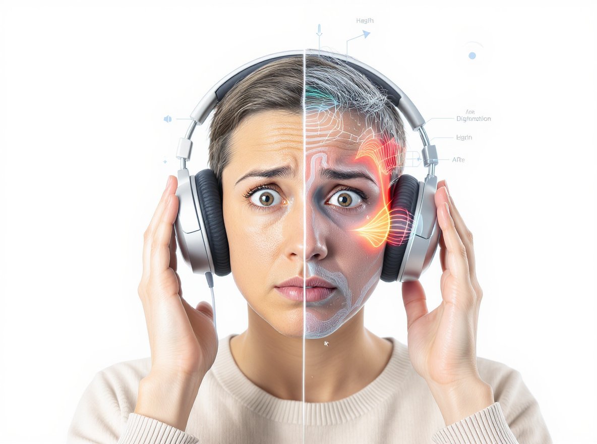 Person concerned about headphones causing tinnitus with ear anatomy illustration