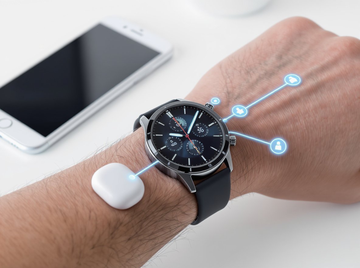 Smartwatch connected to Bluetooth earbuds showing multipoint technology connectivity