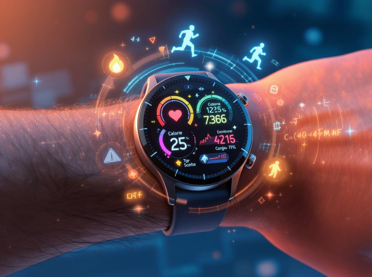 Smartwatch displaying calorie tracking data with heart rate sensors and fitness metrics