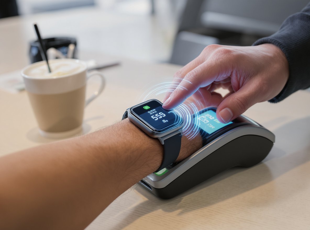 Person using smartwatch for NFC contactless payment at terminal