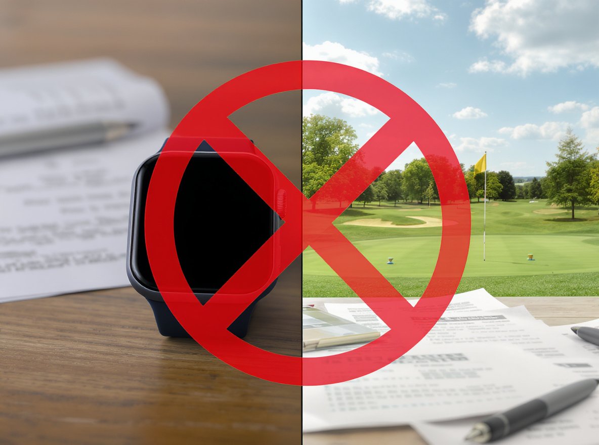 Smartwatch with restriction symbol showing exam and Masters Tournament policy limitations