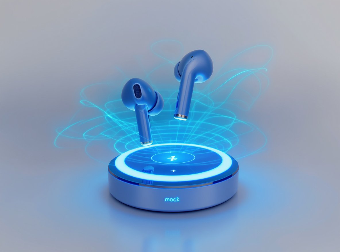 Best wireless charging earbuds 2025 floating above charging pad with electromagnetic waves