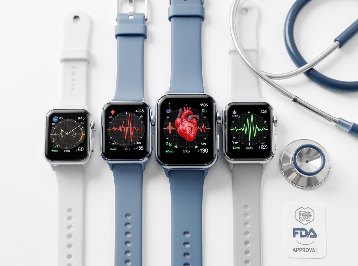 FDA-cleared ECG smartwatches displaying heart rhythm monitoring features