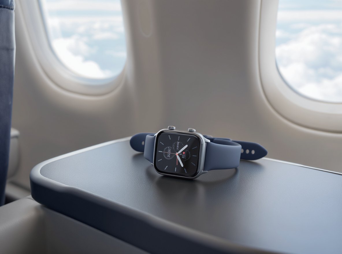 Smartwatch on airplane tray table with window view - safe air travel with wearable technology