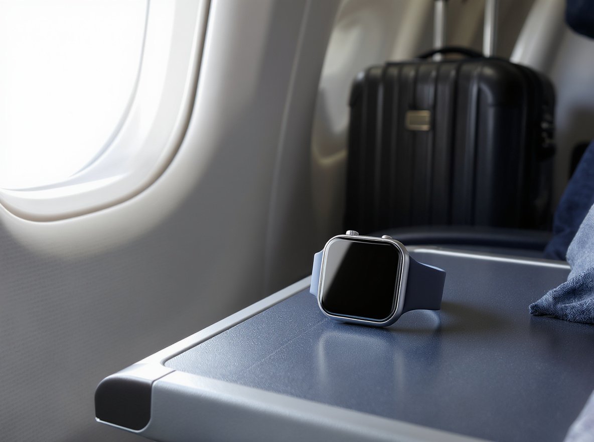 Smartwatch on airplane tray table with carry-on luggage TSA travel rules