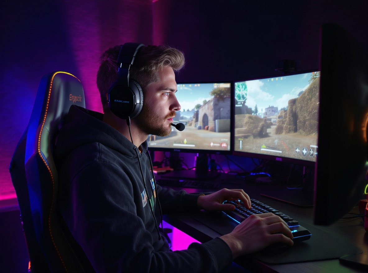 Professional gamer wearing low latency wireless gaming headphones during competitive esports match